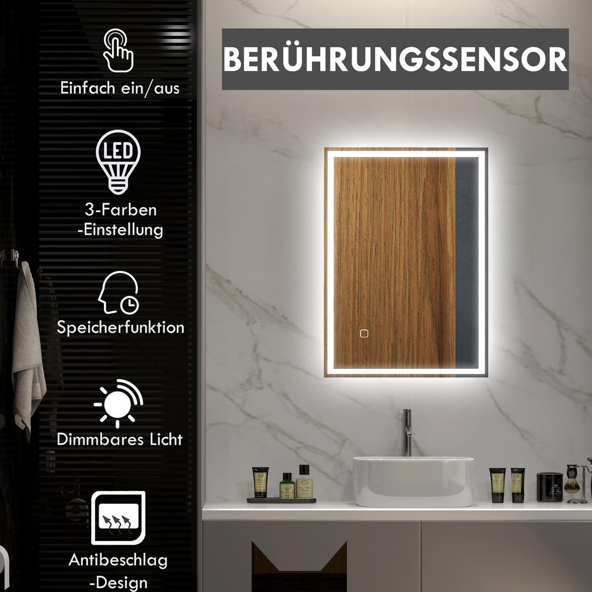 BADSPIEGEL, mit LED-Leuchte, 70 x 50 cm, beschlagfrei, mit Touchschalter, IP44 - Silberfarben, Glas (70/4/50cm) - HOMCOM