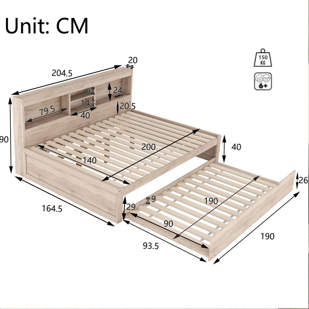 TAGESBETT 140/200 cm mit LED-Beleuchtung, Ausziehbett, Steckdose, USB und Bettfach, Natur - Naturfarben, Holzwerkstoff (140/200cm) - Redom
