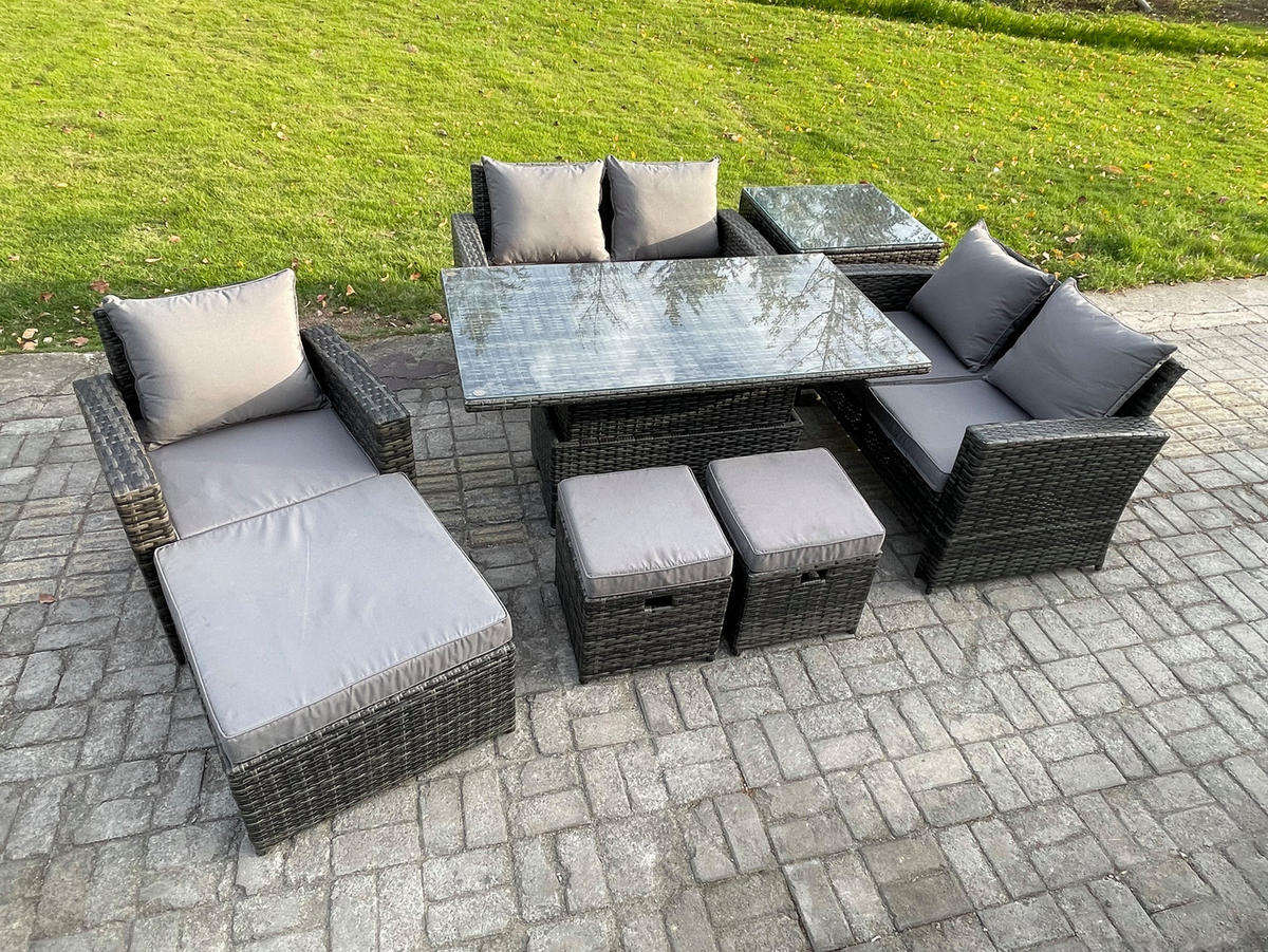 GARTENMÖBEL-SET HÖHENVERSTELLBARER ESSTISCH BEISTELLTISCH 3 HOCKER Polyrattan Dunkelgrau Gemischt 8-Sitzer - Dunkelgrau, Metall - Fimous