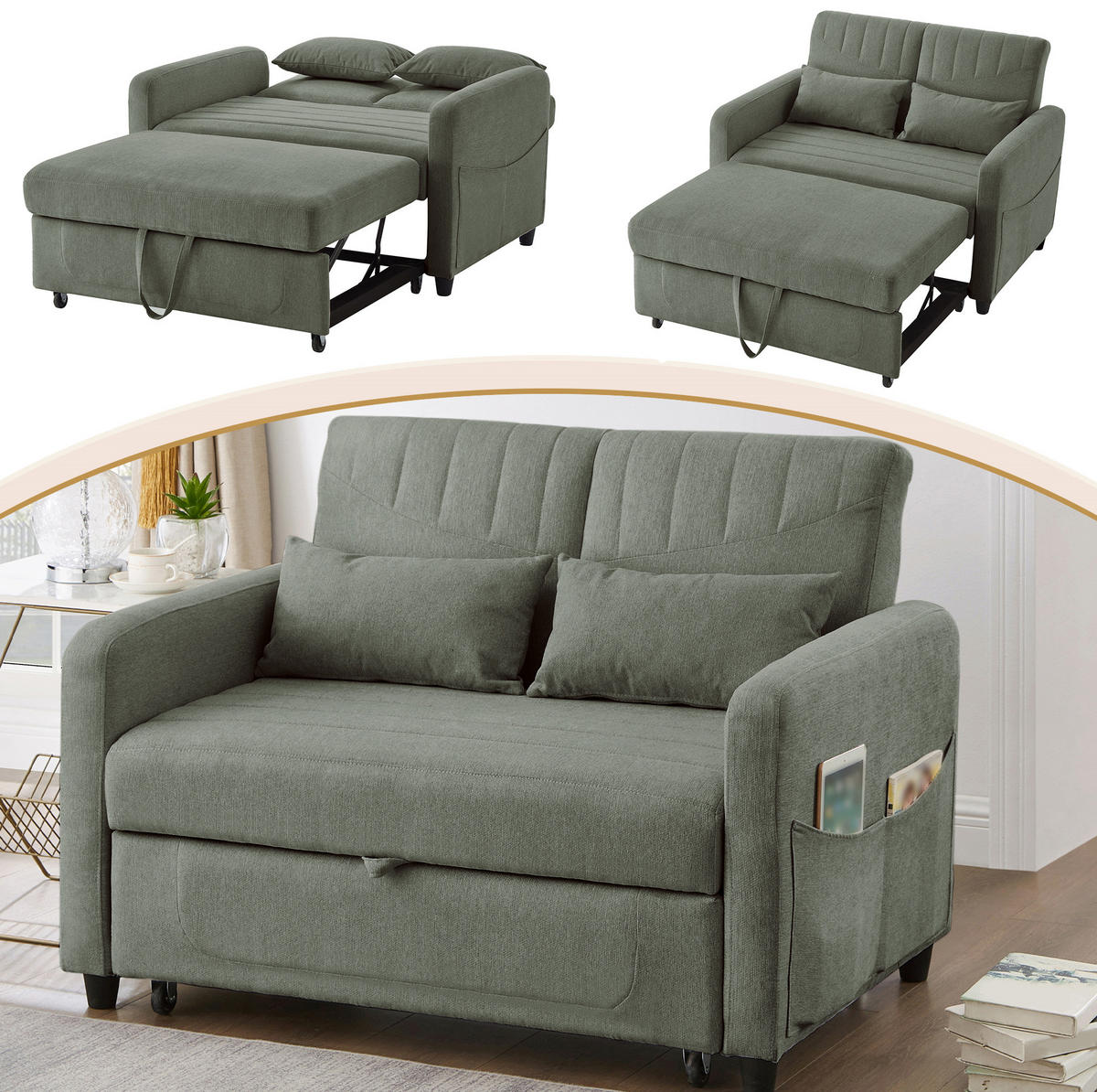 SOFABETT Baumwoll-Leinen mit ausziehbarer Schlaffunktion Olivgrün 114/77/82,5 cm - Olivgrün, Textil (77/82.5/114cm) - Redom