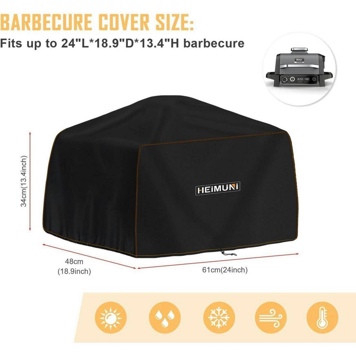 GRILLABDECKUNG 61 x 48 x 34 cm Wetterfest für Ninja Woodfire - Schwarz, Kunststoff (1/1/1cm)