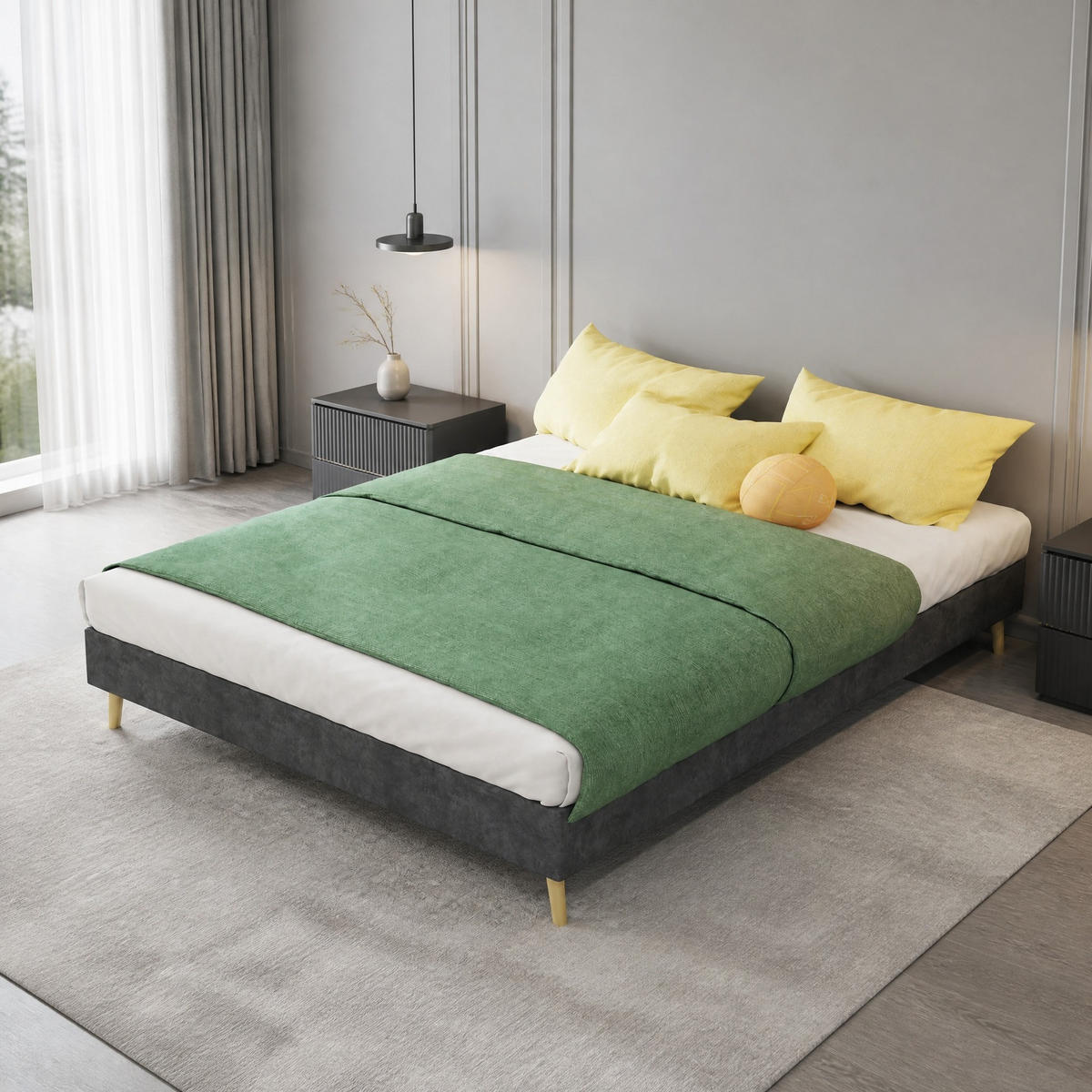 POLSTERBETT 140/200 mit geometrischem Design und Veloursbezug in Grau - Grau, Holzwerkstoff/Textil (140/200cm) - EVRYAE