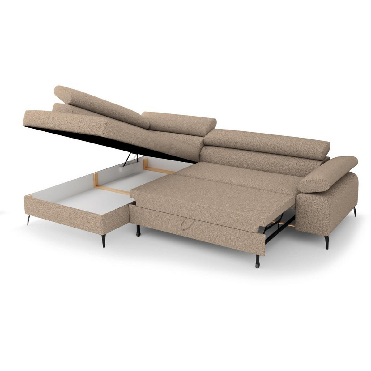 ECKSCHLAFSOFA Mellow mit Bettkasten, Hellbraun, links - Hellbraun/Schwarz, Textil (270/205cm) - Beautysofa