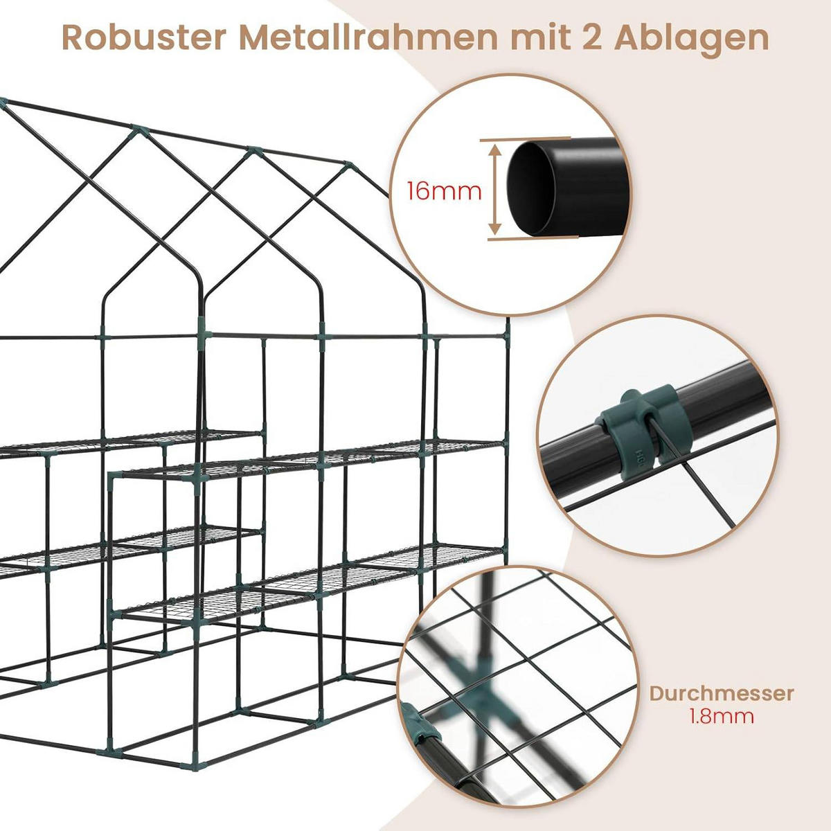 FOLIENGEWÄCHSHAUS, für Frühbeet Gemüse Blumen, 143 x 195 x 215 cm - Grün, Textil/Metall (143/195/215cm) - Woltu