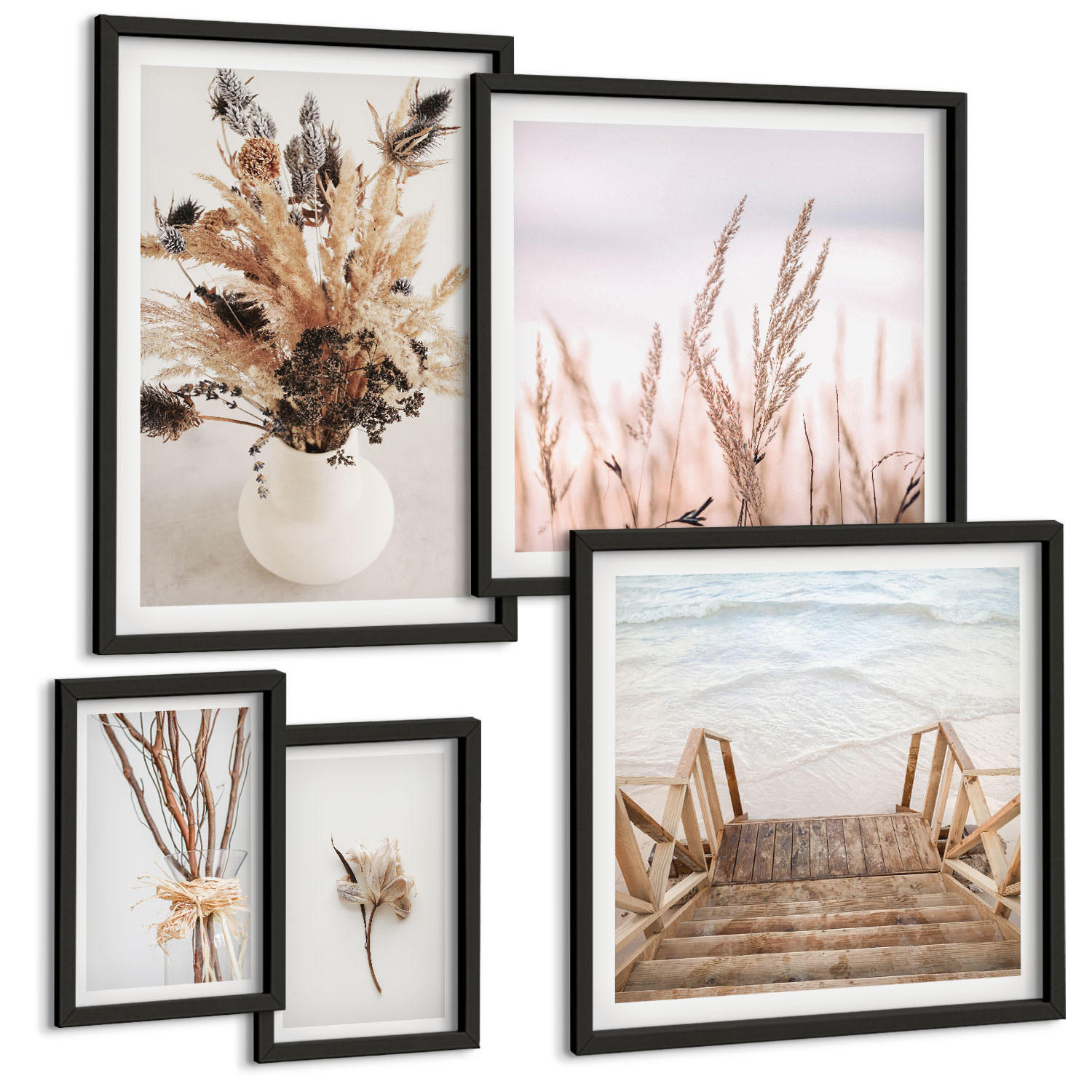 BILDER SET 5er Set - 50x50 cm & 20x30 cm & 40x60 cm Schwarzer Rahmen - Blumenzweige Minimalismus Natur - Schwarz, Kunststoff (40/60cm) - TULUP
