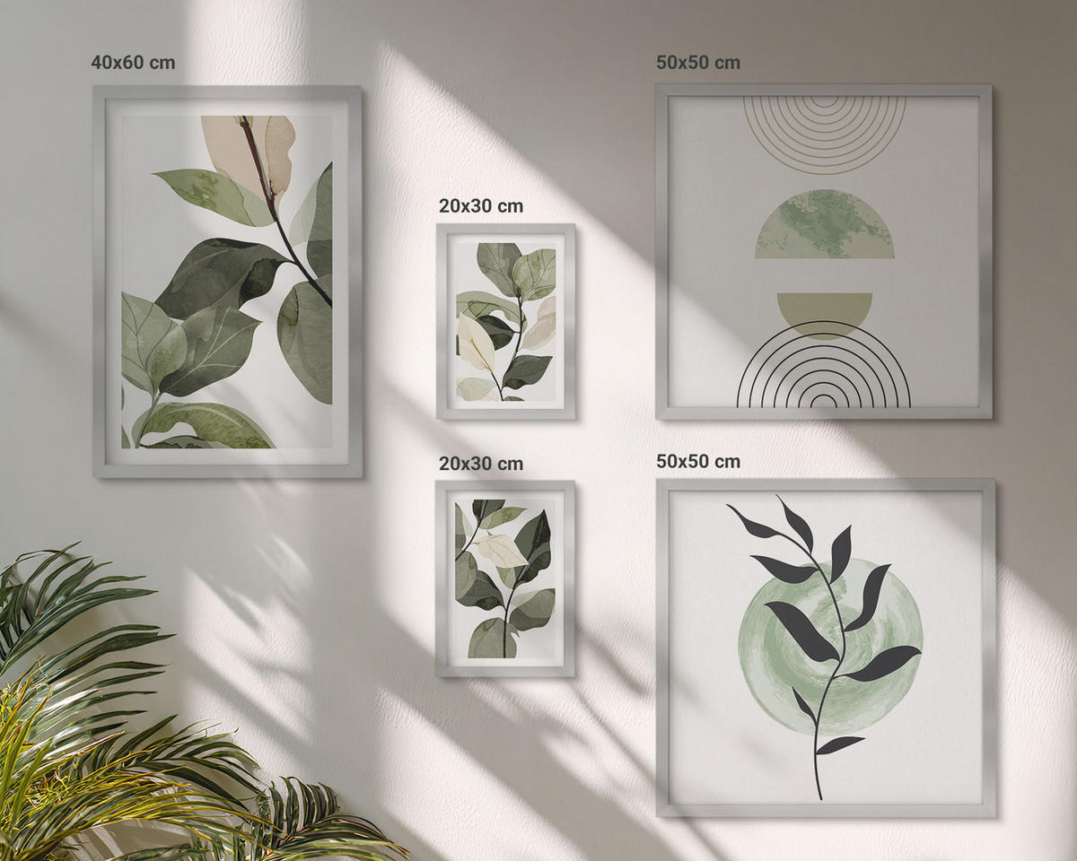BILDER SET 5er Set - 50x50 cm & 20x30 cm & 40x60 cm Silberner Rahmen - Abstrakte Darstellung gemalter Blätter - Silberfarben, Kunststoff (40/60cm) - TULUP