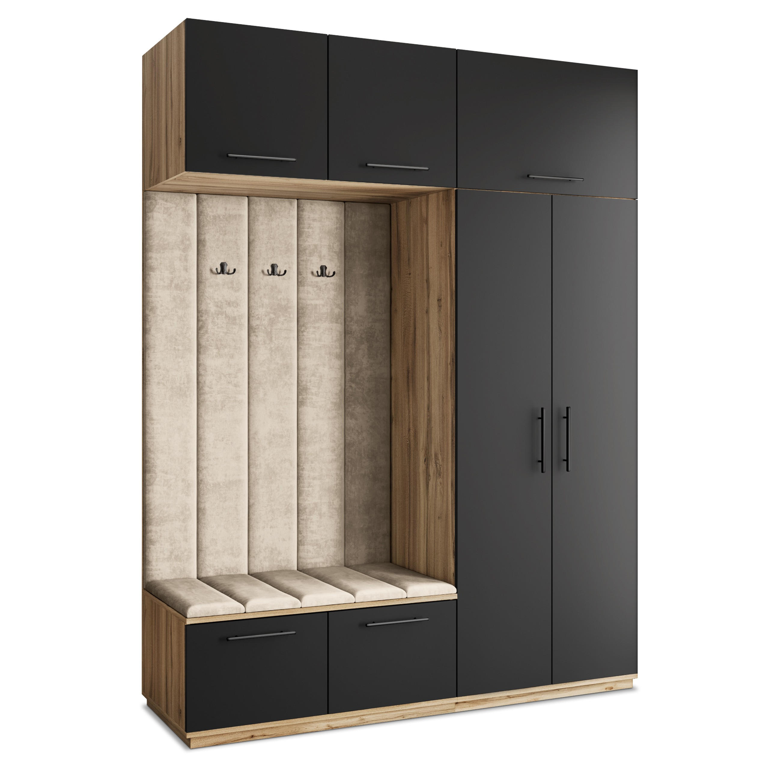 MASSENO GARDEROBENSCHRANK Eiche Wotan, Schwarz, Ecru 180cm × 60cm × 240cm