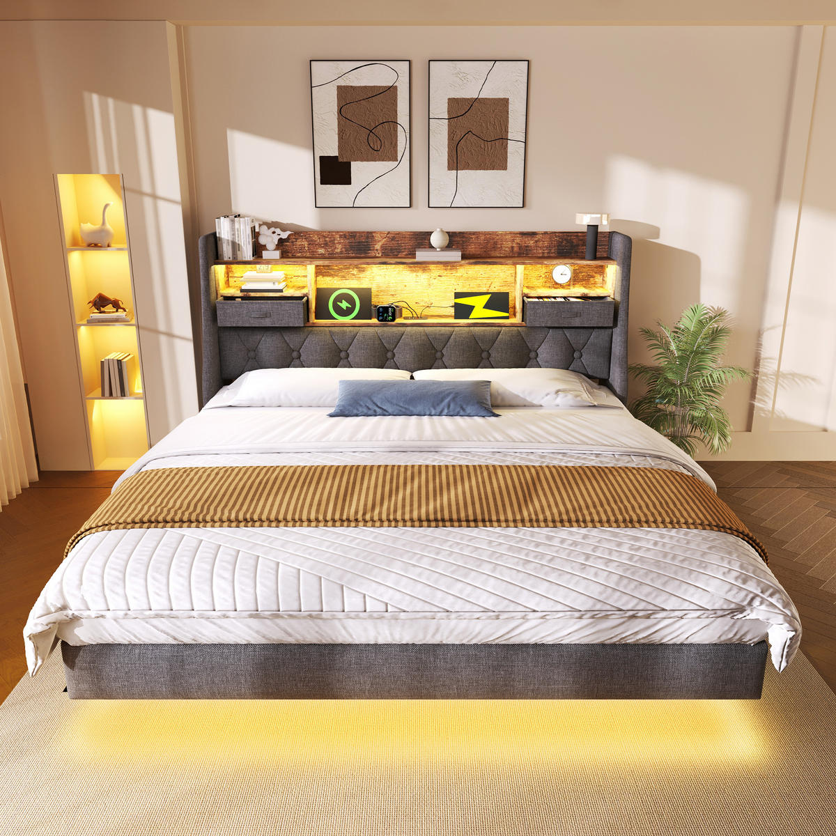 POLSTERBETT 160/200 cm mit LED-Beleuchtung, USB- und Type-C-Anschluss, Stauraum-Kopfteil und Matratze aus Leinen, Grau - Grau, Textil (160/200cm) - Redom