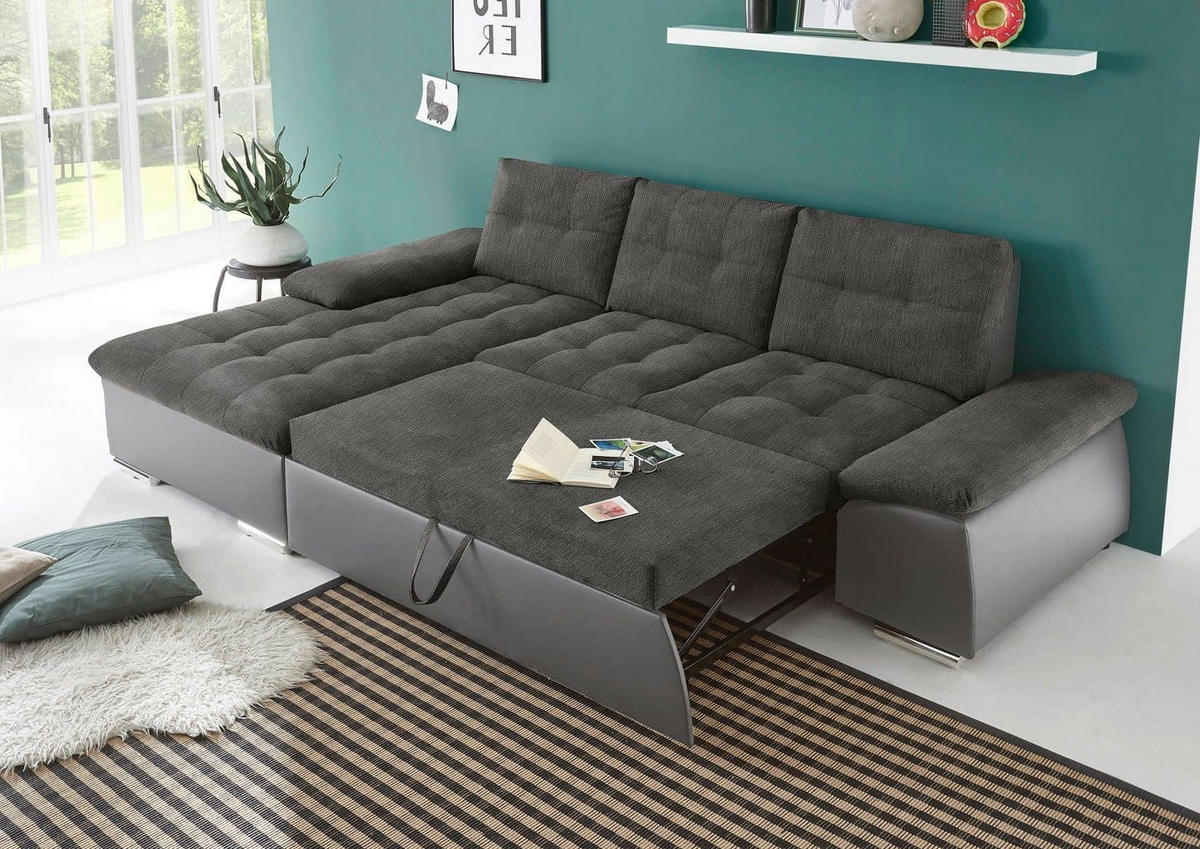 ECKSOFA mit Schlaffunktion und verstellbaren Armlehnen - Chromfarben/Dunkelgrau, Kunststoff/Textil (268/170cm) - ed exciting design
