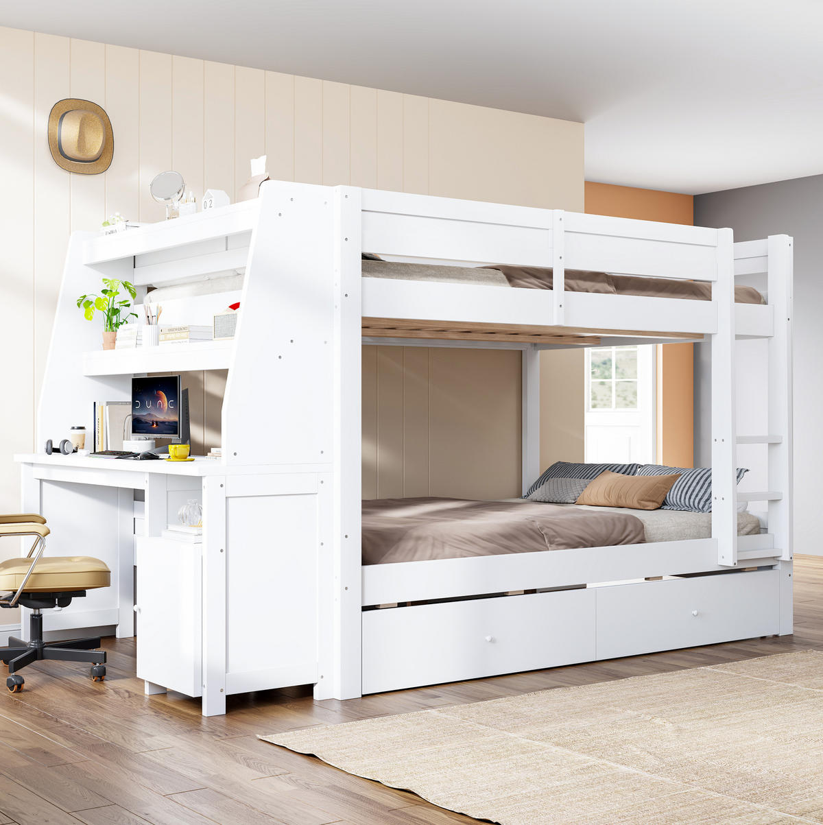 ETAGENBETT aus Kiefernholz, Metall, Sperrholz und MDF 140x200 cm Weiß mit Schreibtisch, Stauraum und Schubladen - Weiß, Holz (140/200cm) - Modfu