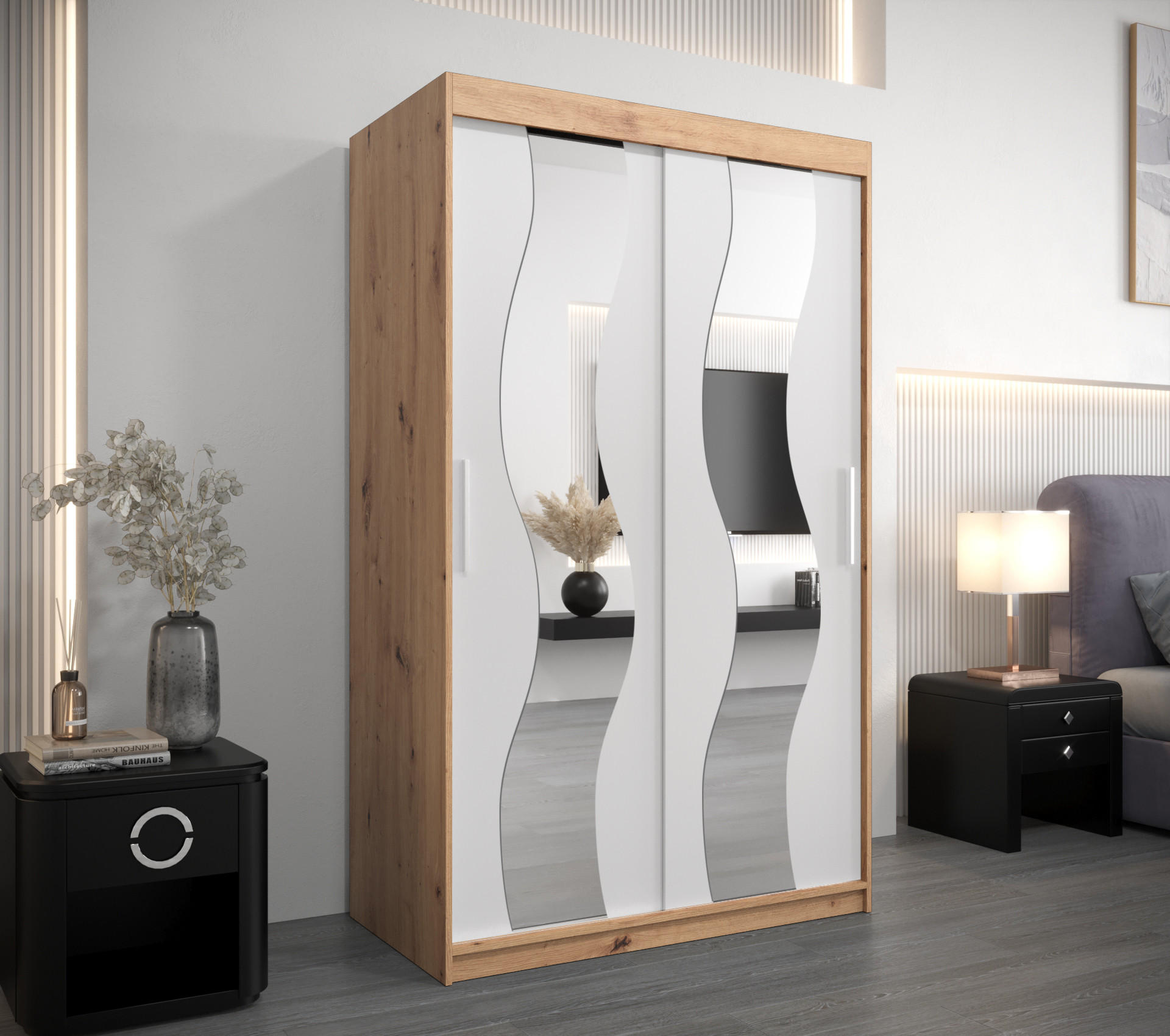 SCHWEBETÜRENSCHRANK 200/120/62 2-türig - Silberfarben/Weiß, Holz/Kunststoff (120/200/62cm) - Abiks Möbel