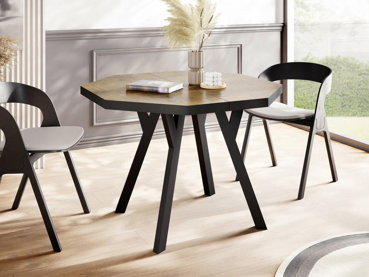 ESSTISCH Desmond achteckiger ausziehbarer, Lancelot Eiche 100-150/100/76 cm - Eichefarben/Schwarz, Holz/Holzwerkstoff (100/150/76cm) - WFL GROUP