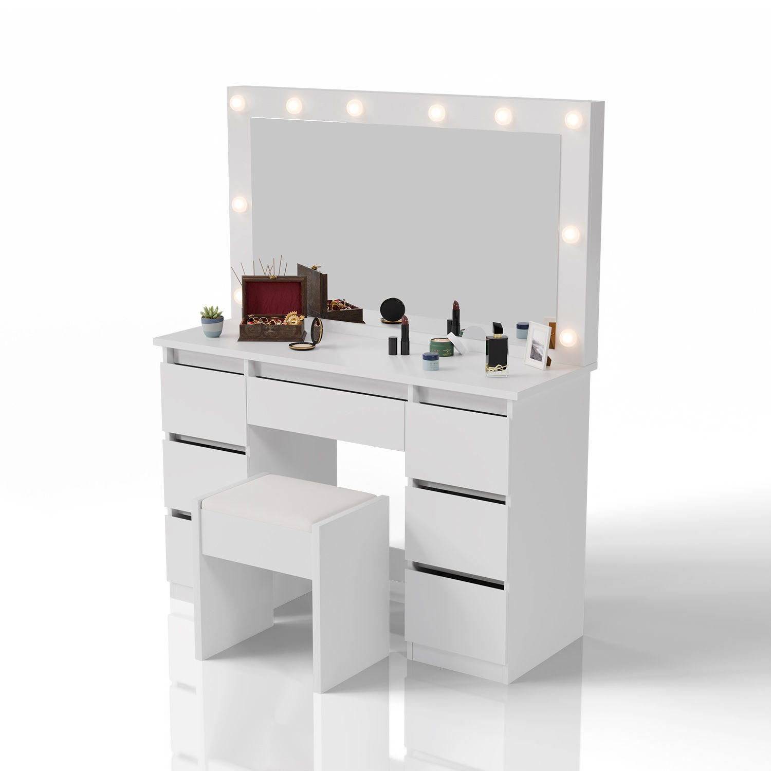 SCHMINKTISCH Lilia weiß mit LED-Beleuchtung und Hocker Melly - Weiß, Holz (108/140/41cm) - Juskys