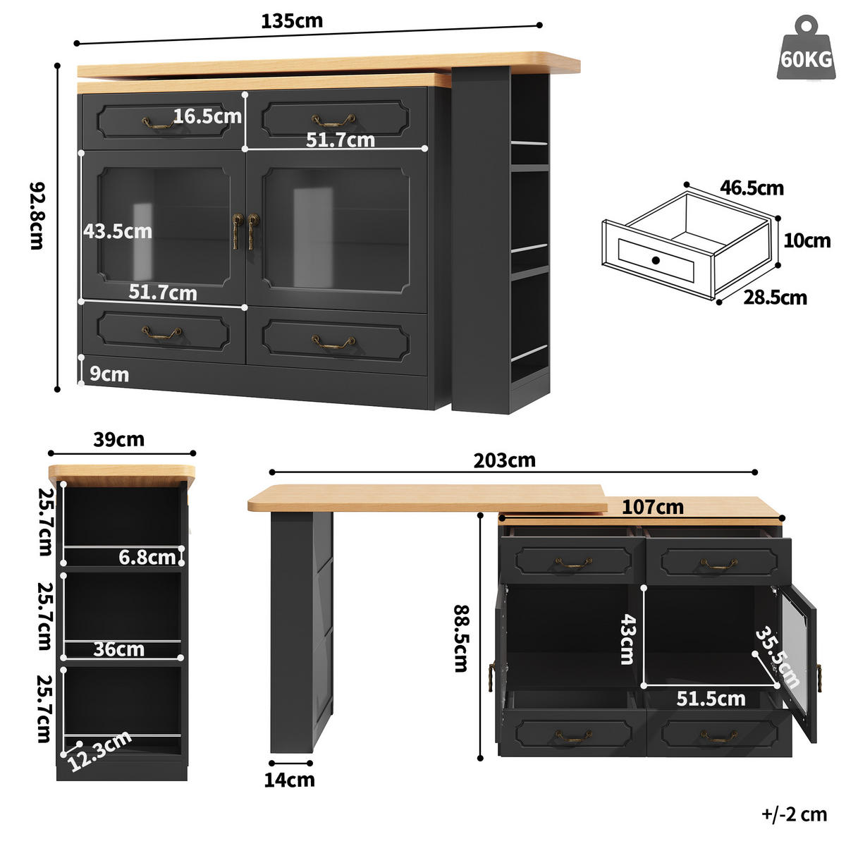 BARTISCH Ausziehbarer aus MDF mit 360° Drehplatte & LED, 135-203/39/92,8 cm, Schwarz - Schwarz, Holzwerkstoff (39/92.8/135cm) - Redom