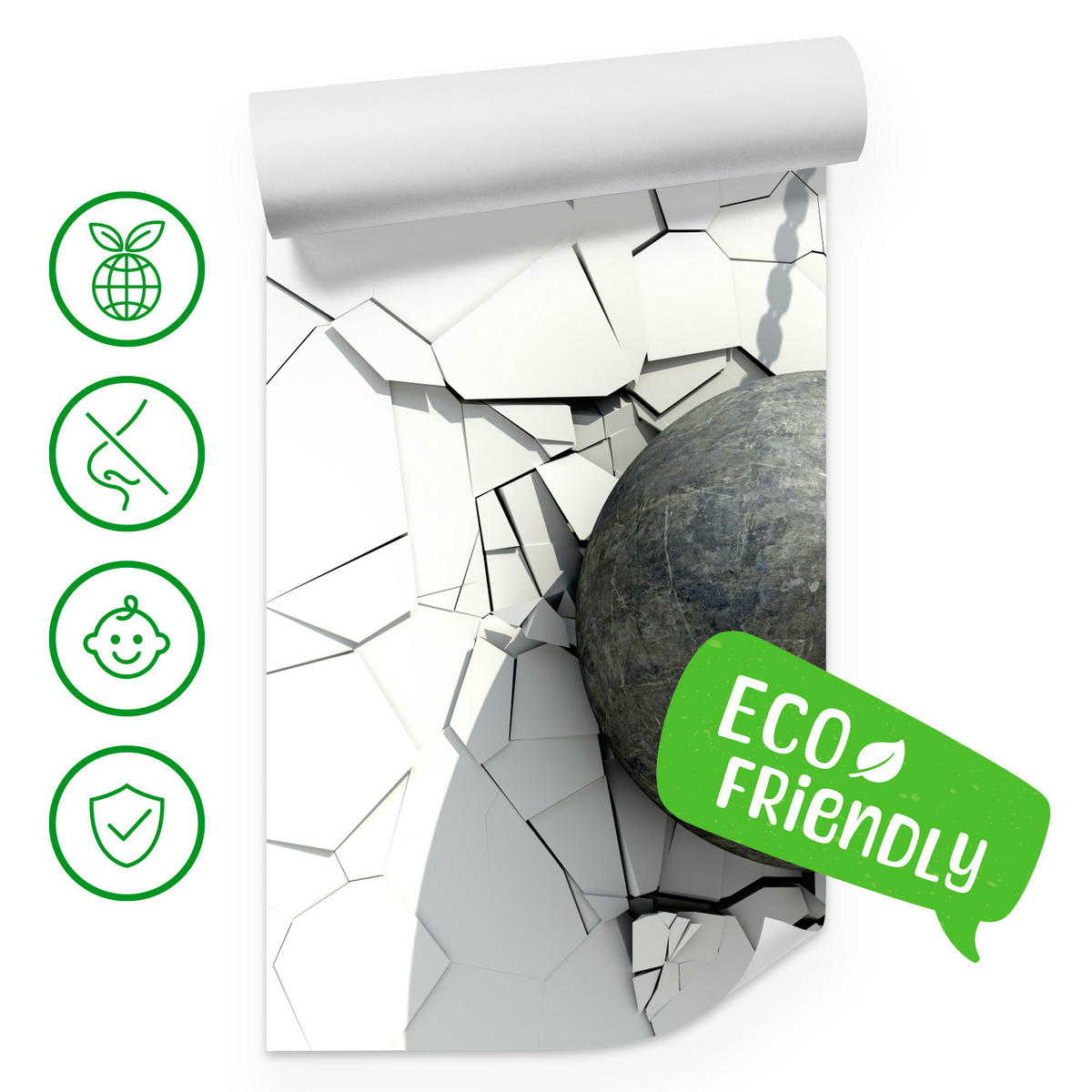 FOTOTAPETE für Büro Metallkugel Riss Weiße Wand 500x350 - Weiß/Grau, Papier (500/350cm) - Muralo