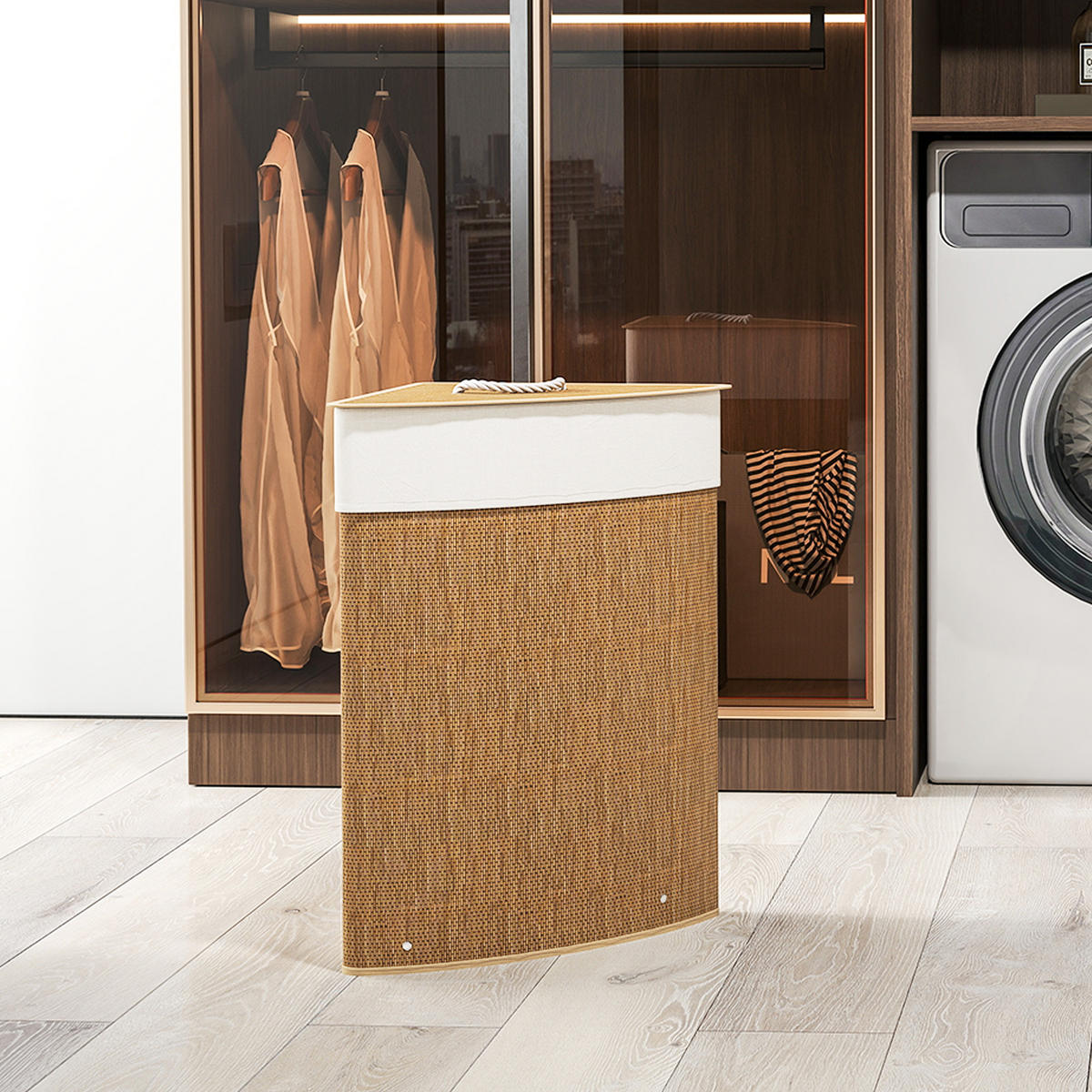 BAMBUS Wäschekorb mit Deckel 55 L Eck Wäschesammler mit herausnehmbar Wäschesack - Braun, Naturmaterialen (35/60/35cm) - HOMCOM
