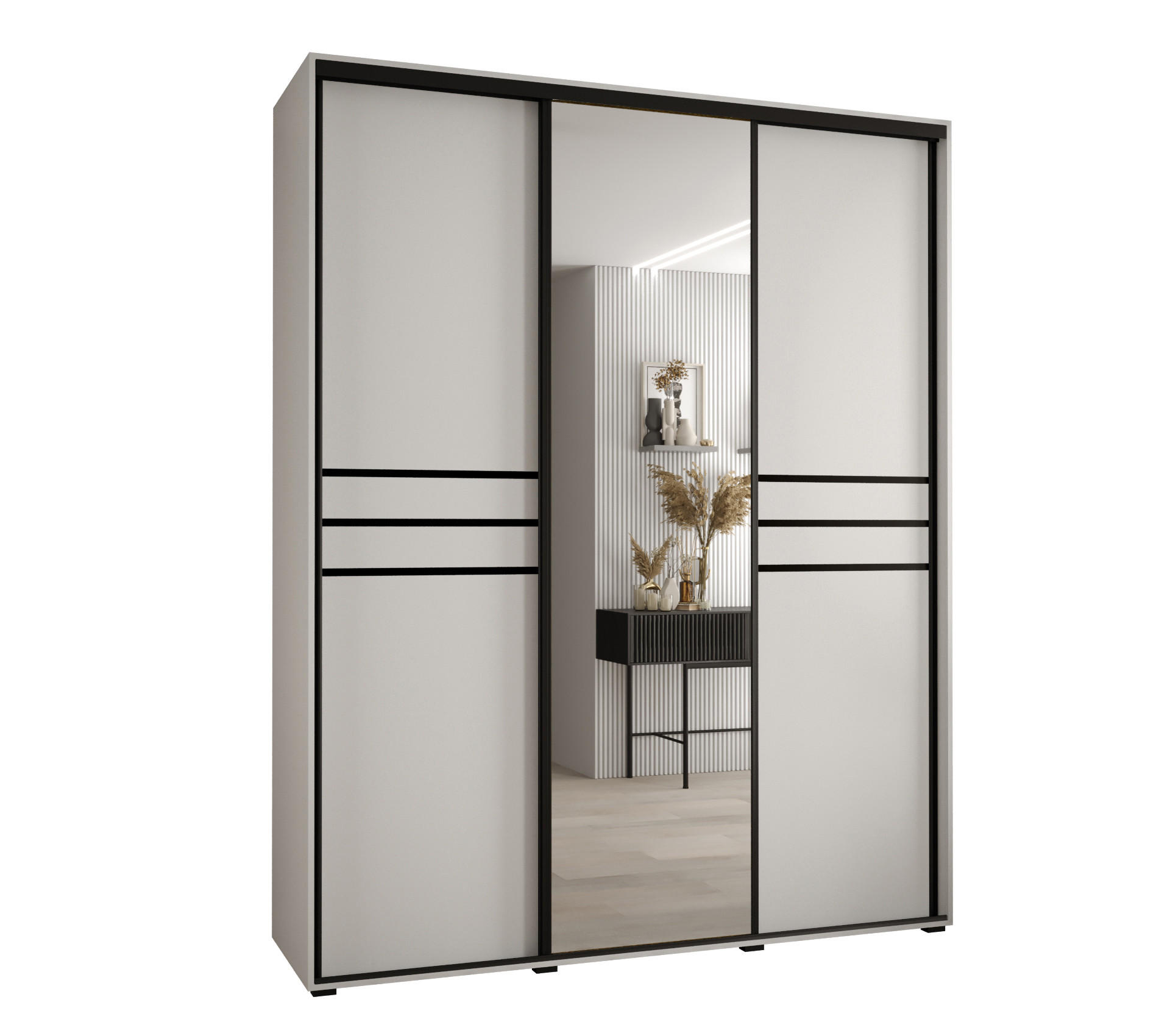 Abiks Möbel Schwebetürenschrank Weiß, Weiß, Schwarz 190x235x60 cm