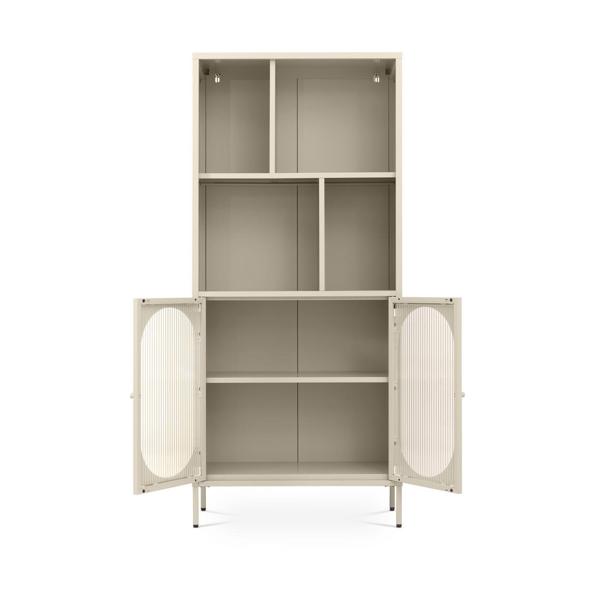 BÜCHERREGAL Metall industriell MILIE, 180 cm hoch, 2 Türen, 4 Nischen, beige und geriffeltes Glas - Beige, Metall (80/180/35cm) - Sicaan