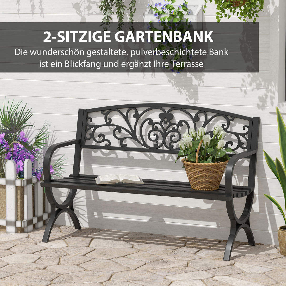 GARTENBANK, 127x60x85 cm, Metall, Schwarz - Schwarz, Metall (60/85/127cm) - Outsunny