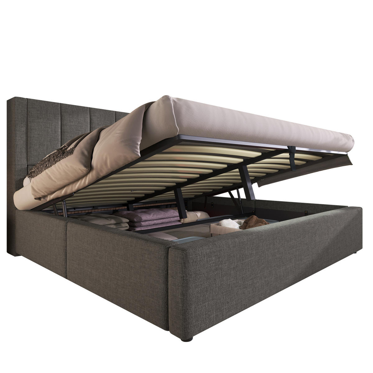 POLSTERBETT mit Stauraum und Ladestation 180x200 cm Leinen Grau - Grau, Metall (180/200cm) - Meubliv