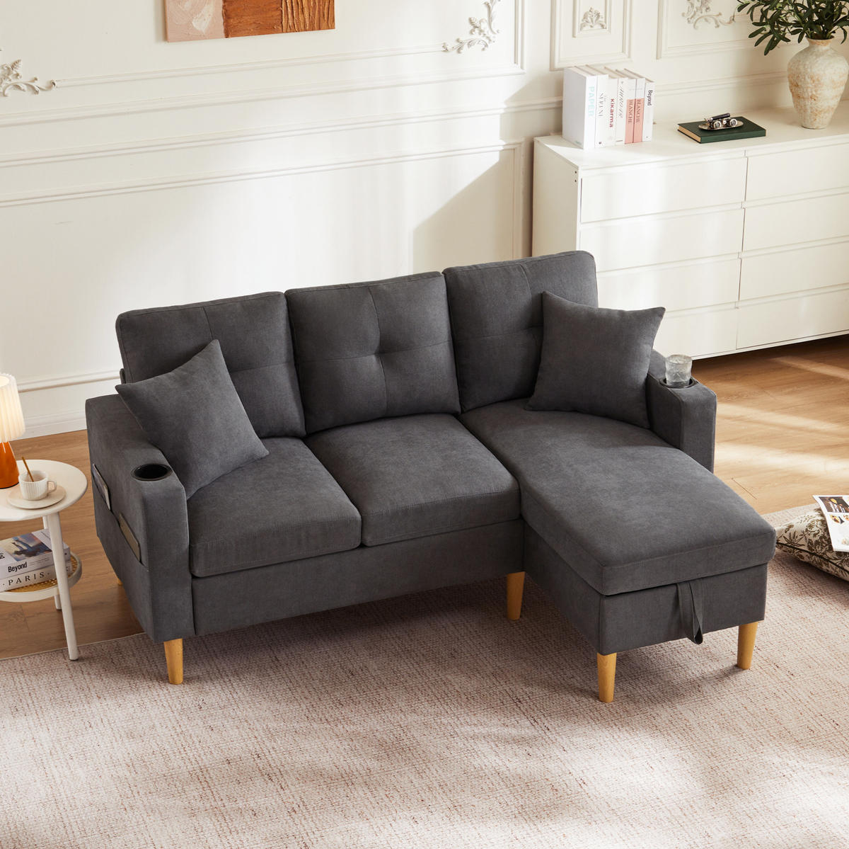 SOFA mit Chaiselongue 175x129 cm Baumwoll-Leinenstoff Dark Gray - Dunkelgrau, Textil (175/129cm) - IVMEU