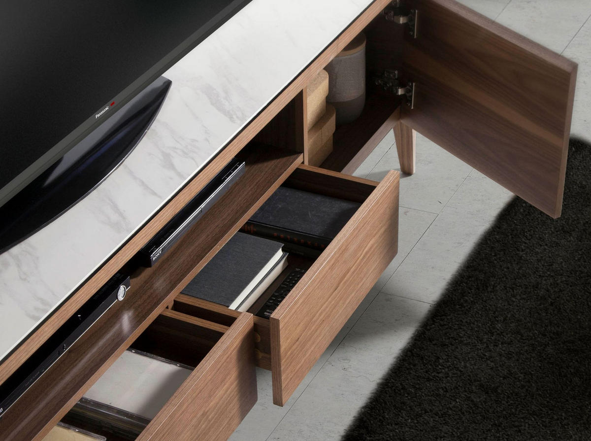 TV-ELEMENT TV-Ständer aus Nussbaumholz mit Glasplatte aus Marmorimitation 200/45/51 cm - Walnussfarben/Weiß, Holz/Stein (200/51/45cm) - ANGEL CERDA