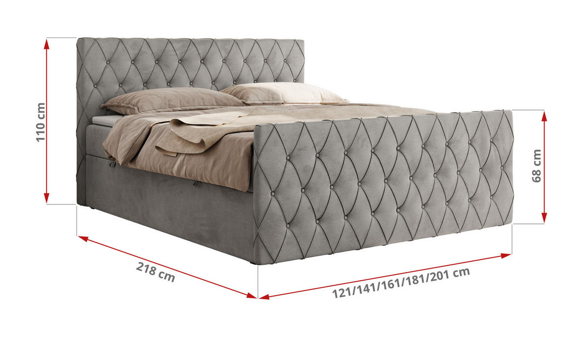 BOXBETT MIREN DUO 160/200 - Hellgrau Velvet - H3 - Hellgrau, Holz/Textil (160/200cm) - MKS