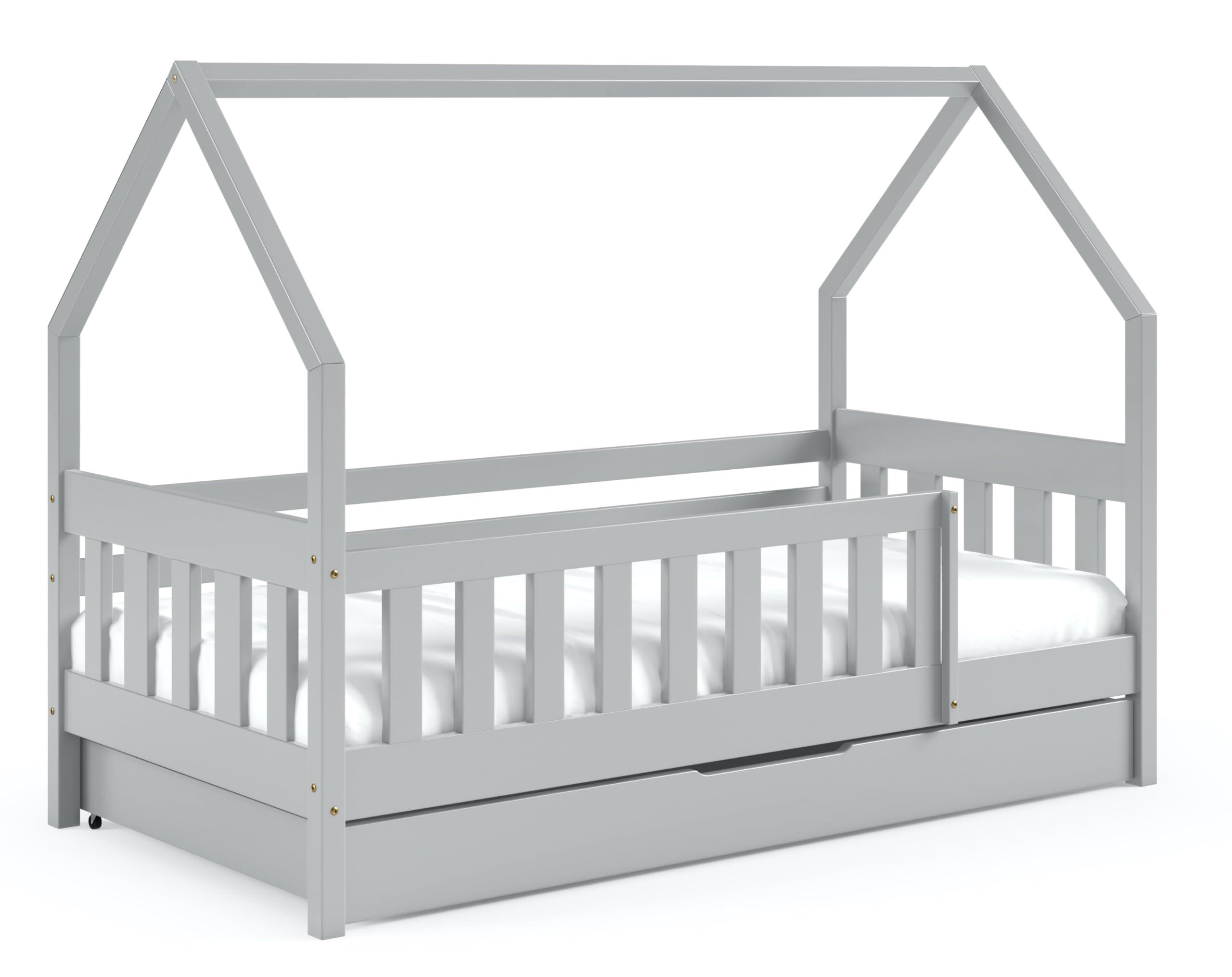 HAUSBETT Mickey mit Matratze, Rausfallschutz und Schublade (Grau, 190x80 cm) - Grau, Holz (80/125/190cm) - VENASI MÖBEL