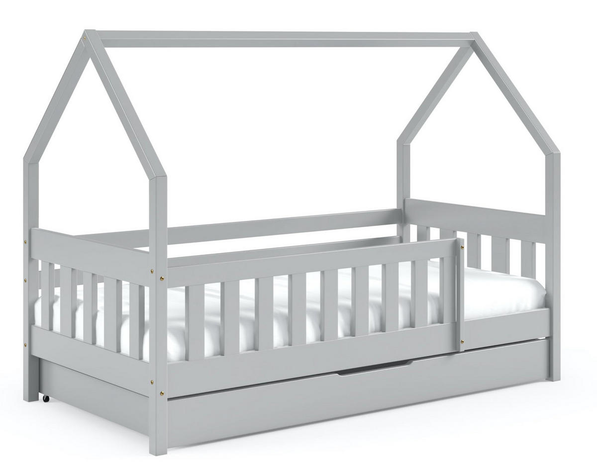 HAUSBETT Mickey mit Matratze, Rausfallschutz und Schublade (Grau, 160x80 cm) - Grau, Holz (80/125/160cm) - VENASI MÖBEL