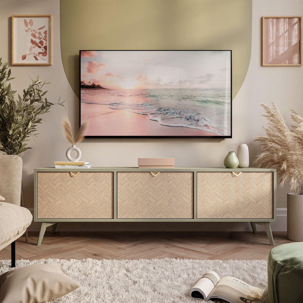 TV Element ALOE Fischgrätenmuster Scandi Eukalyptus - Eukalyptusholzfarben, Holzwerkstoff (158/52/38cm) - Lookway