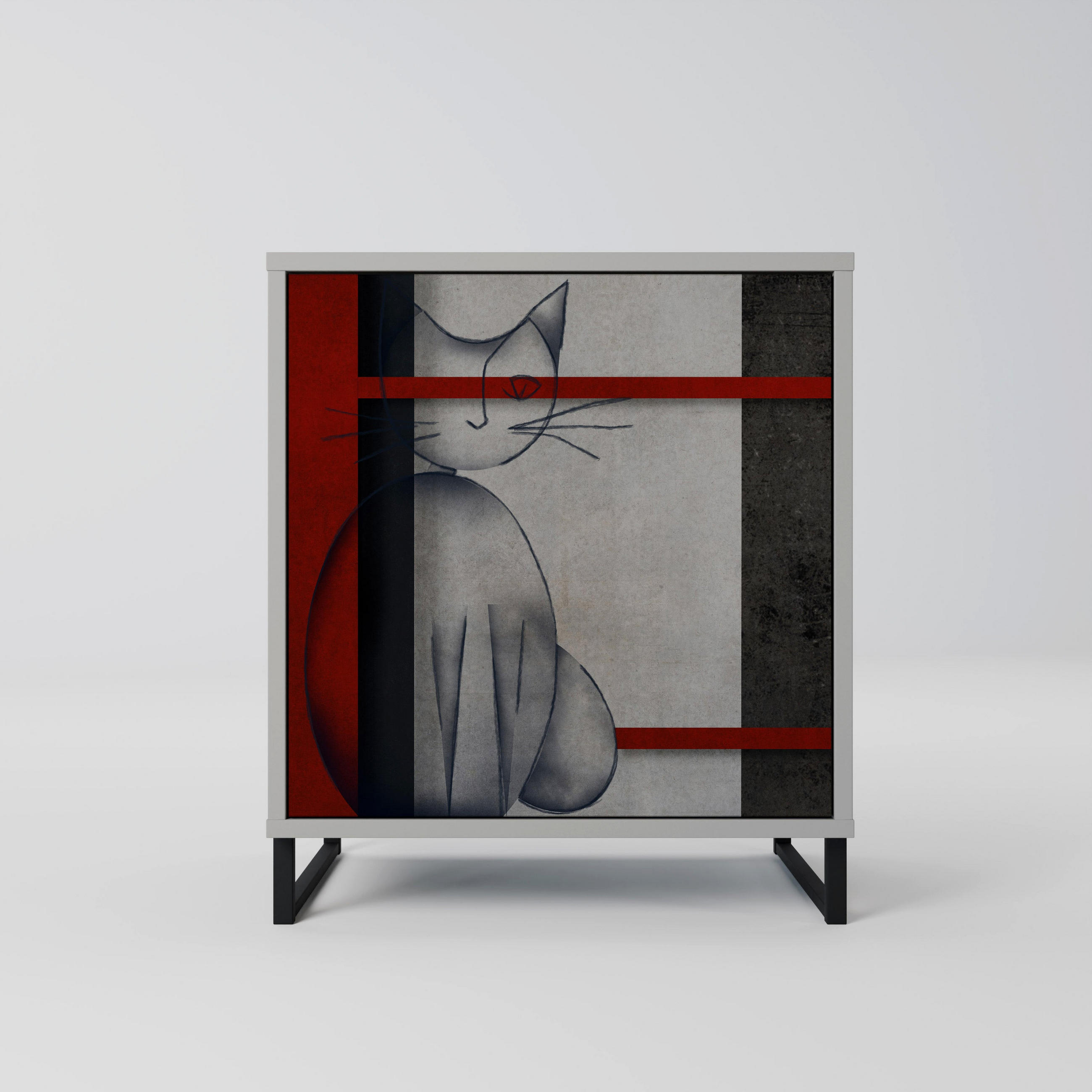 SIDEBOARD GRAY FIGURES, Grau, 57,5x42x67,5 cm, Schwarze Metall-Rahmenfüße - Multicolor/Schwarz, Holzwerkstoff/Metall (57.5/67.5/42cm) - SpaceRebels