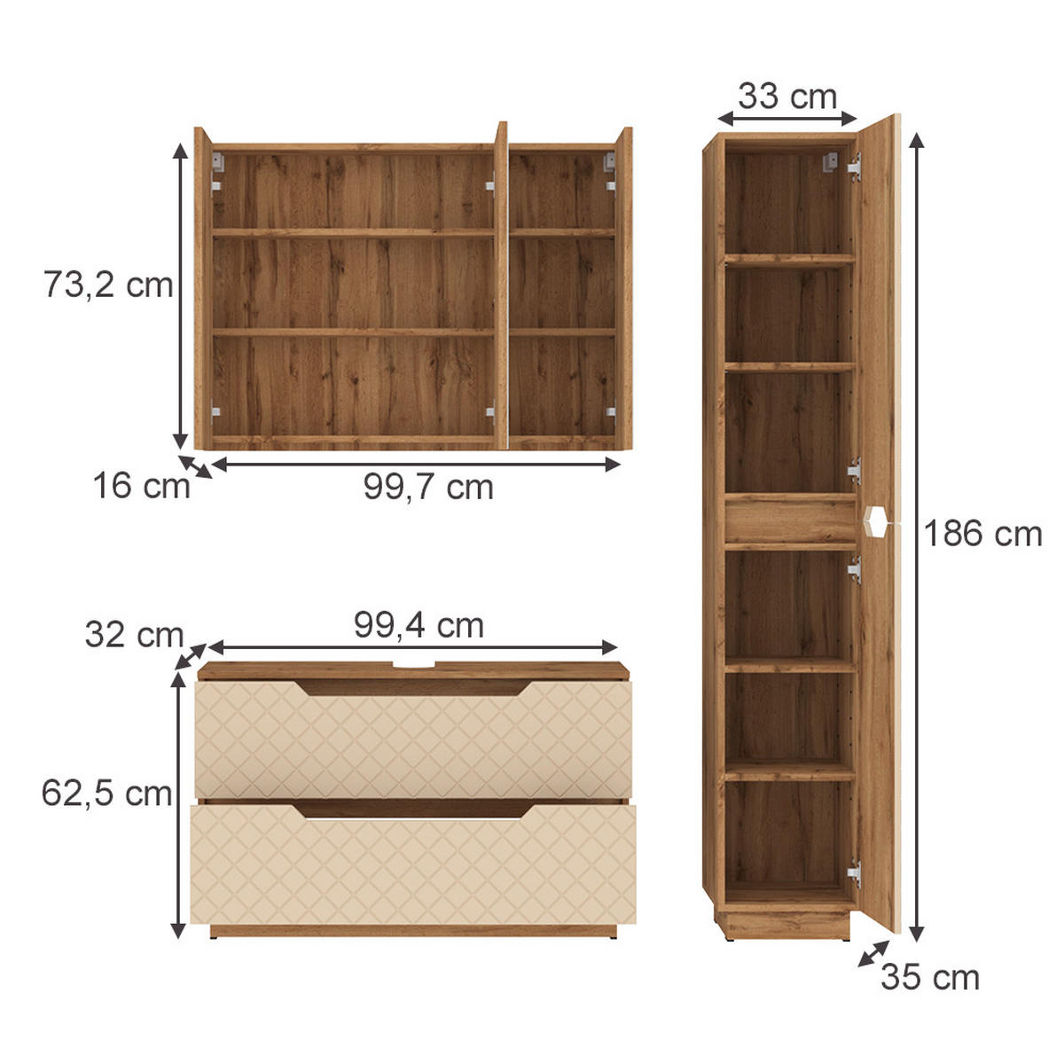 BADMÖBEL-SET Lotta Eiche/Kaschmir mit Kachelstruktur 3 Teile - Kaschmir/Eichefarben, Holzwerkstoff (99.4/62.5/32cm) - Vicco