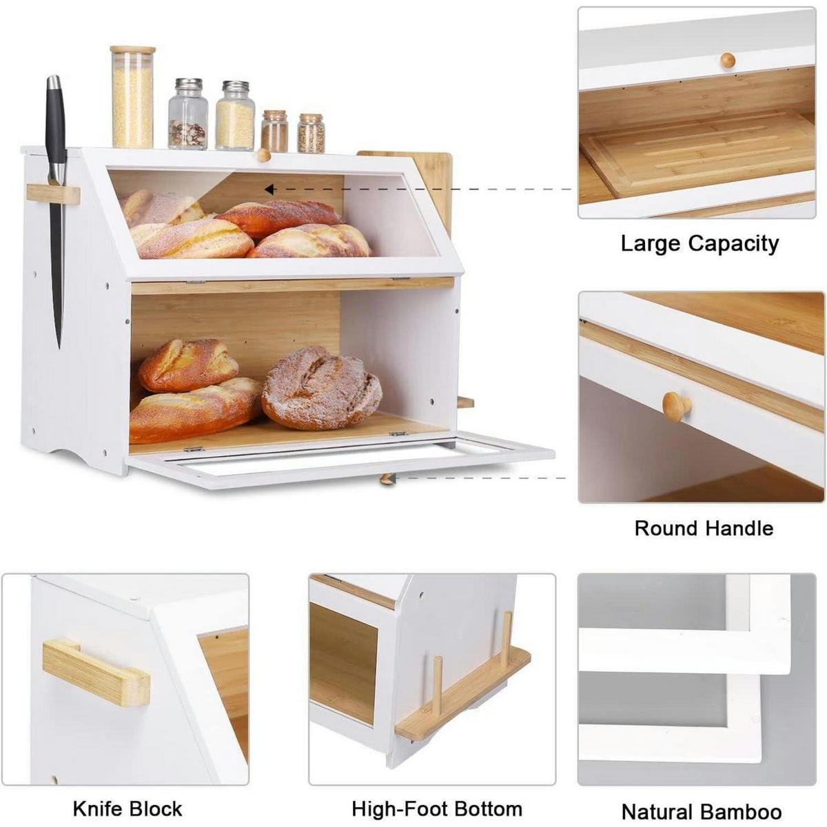 BROTKASTEN 2 Etagen Bambus Weiß 50 x 25 x 37 cm - Weiß, Naturmaterialien (24.9/36.8/50cm)