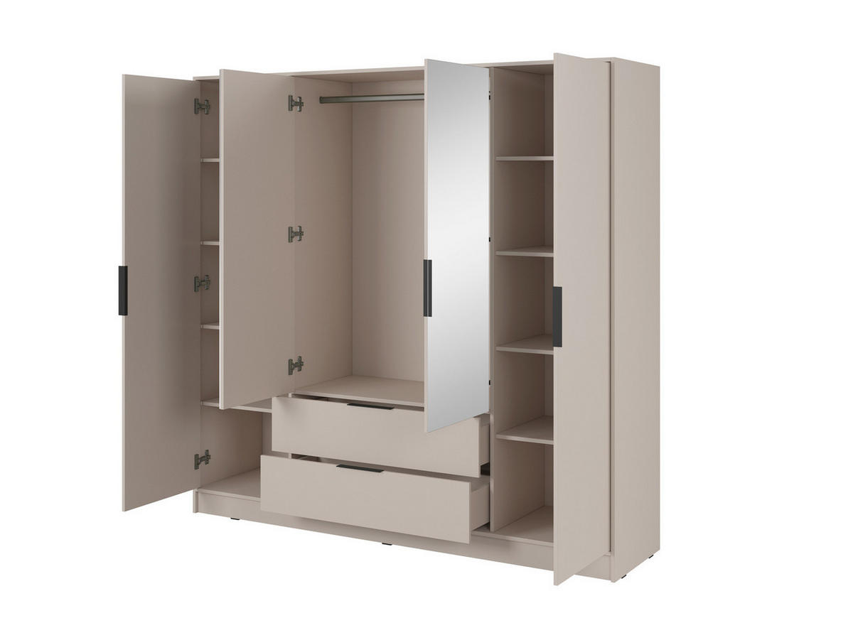 GROSSER Kleiderschrank RICADI 4DL (Kaschmir, Spiegel, 4 Türen, 2 Schubladen, Kleiderstange, Kunststoffgriffe) - Kaschmir/Schwarz, Holz/Holzwerkstoff (206/200/51cm) - Ravio