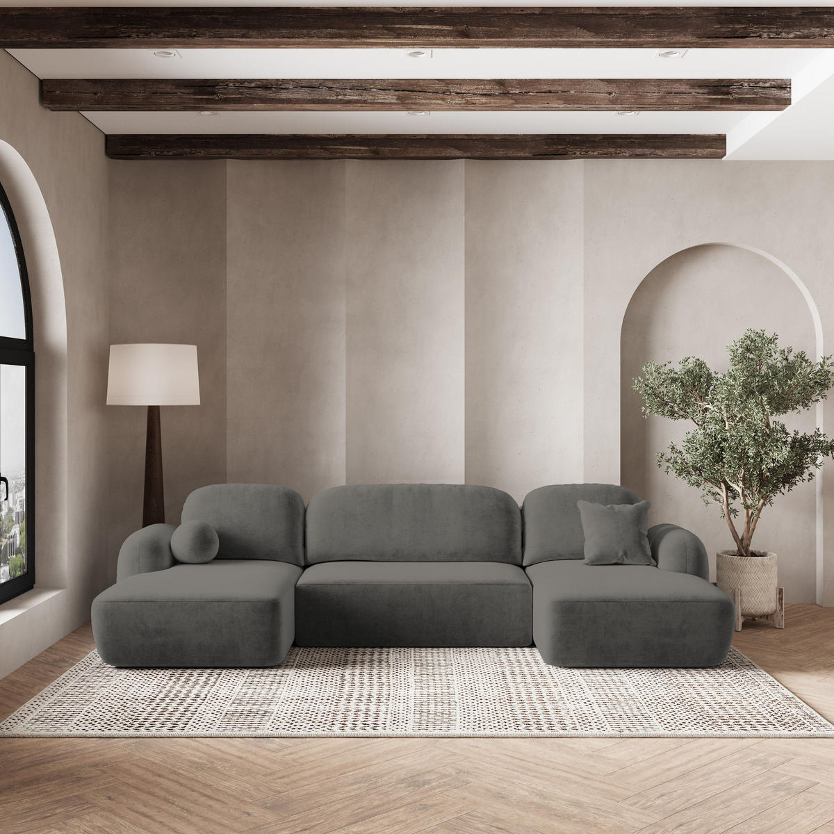 ROHOVÁ SEDAČKA SAVONA šedá - šedá/černá, dřevo/textil (320/148cm) - MASSENO