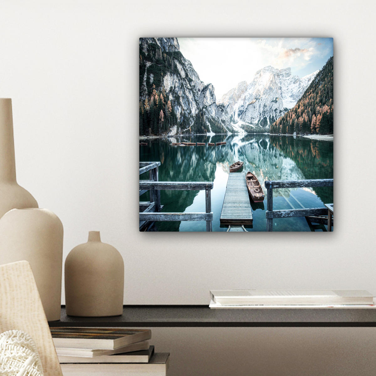 LEINWANDBILD Natur - Berge - Schnee - Wald - Boot 20x20 cm - Hellgrün, Textil (20/20cm) - MuchoWow