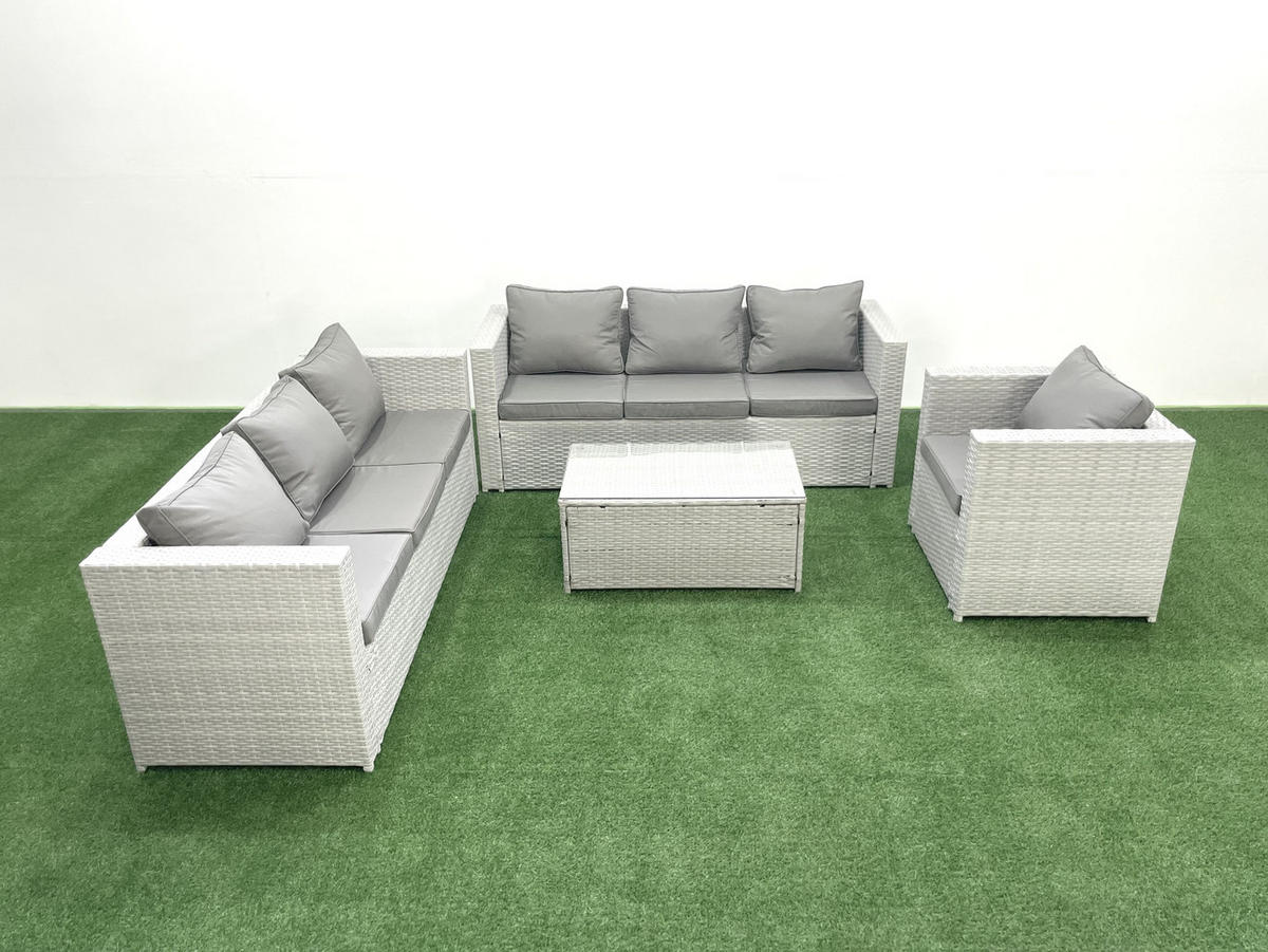 GARTENGARNITUR mit 3-SITZER SOFA,COUCHTISCH Polyrattan Hellgrau-Mix 7-Sitzer - Hellgrau/Grau, Glas/Kunststoff - Fimous
