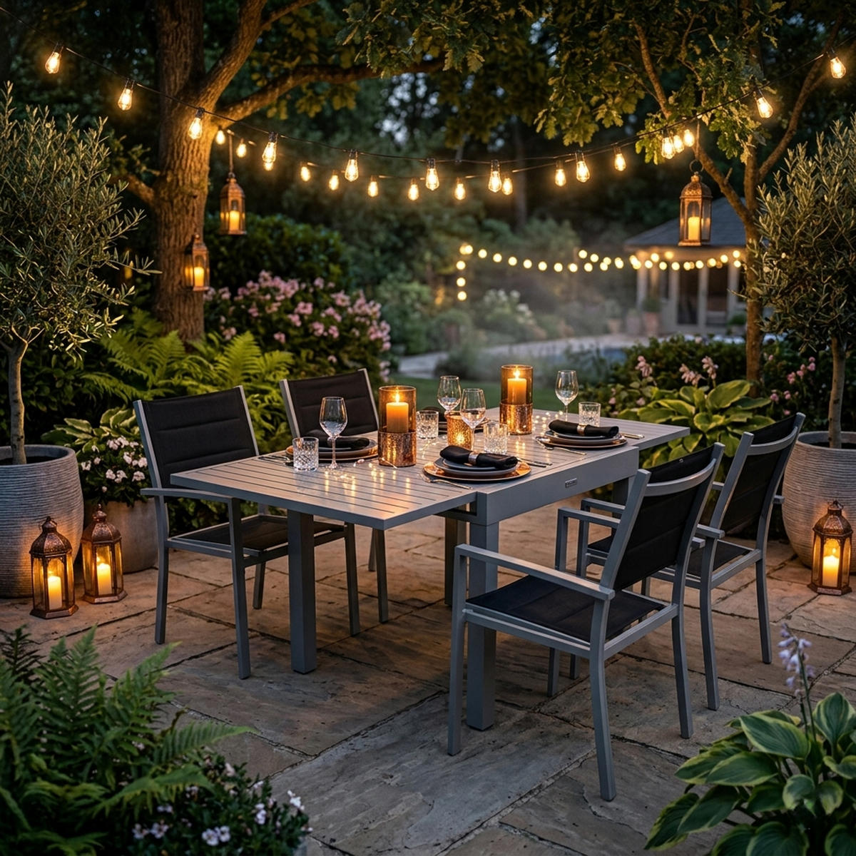GARTEN-GARNITUR Ashford - 5-teilige Garten-Essgruppe (4x Sessel Aluminium silbergrau + Textilgewebe gepolstert schwarz - Schwarz, Metall - TPFGarden