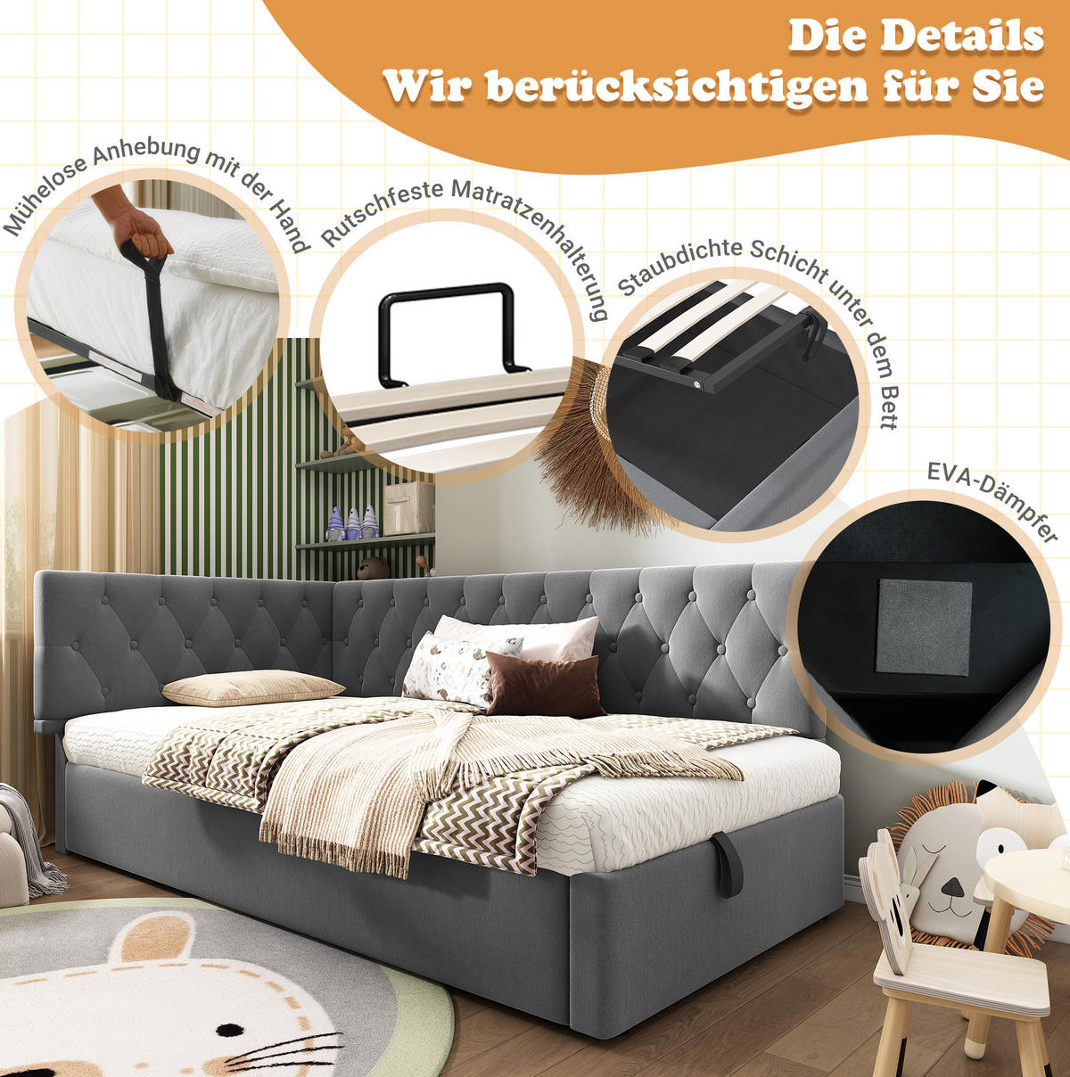 BETT mit hydraulischem Stauraum 90x190 cm Samt Grau - Grau, Metall (90/190cm) - Beauniv