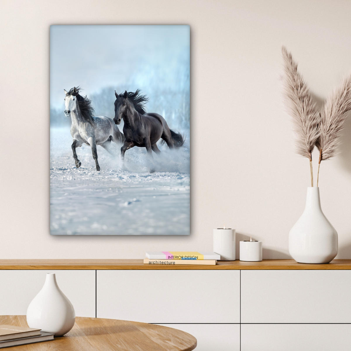 LEINWANDBILD Pferde - Winter - Tiere - Natur - Schnee Wanddeko 40x60 cm - Anthrazit, Textil (40/60cm) - MuchoWow