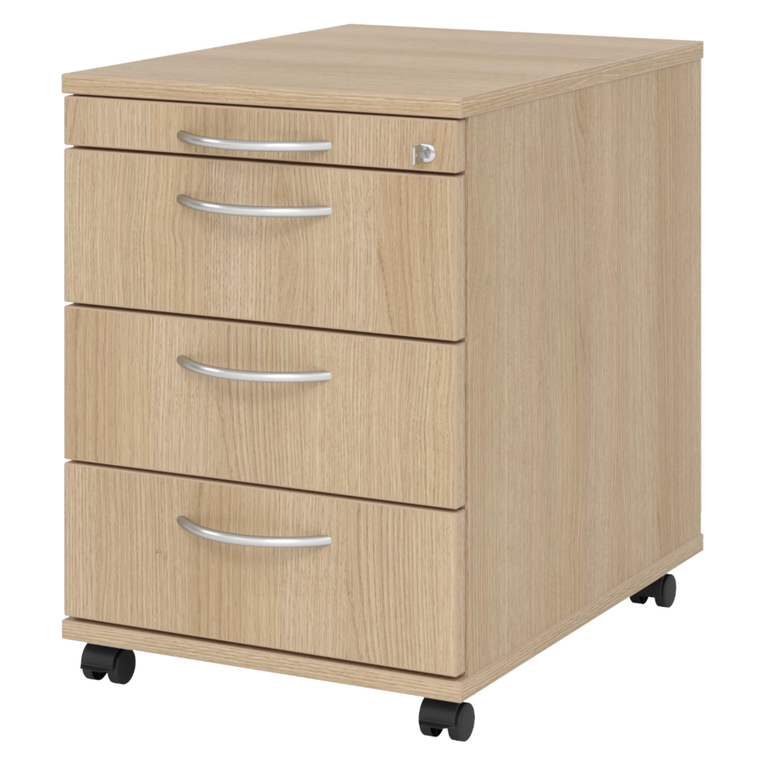 ROLLCONTAINER - 3 Materialschubladen 58/42,8/59 cm in Eichefarben Bogengriff (Metall) - Eichefarben, Holzwerkstoff (42.8/59/58cm) - bümö