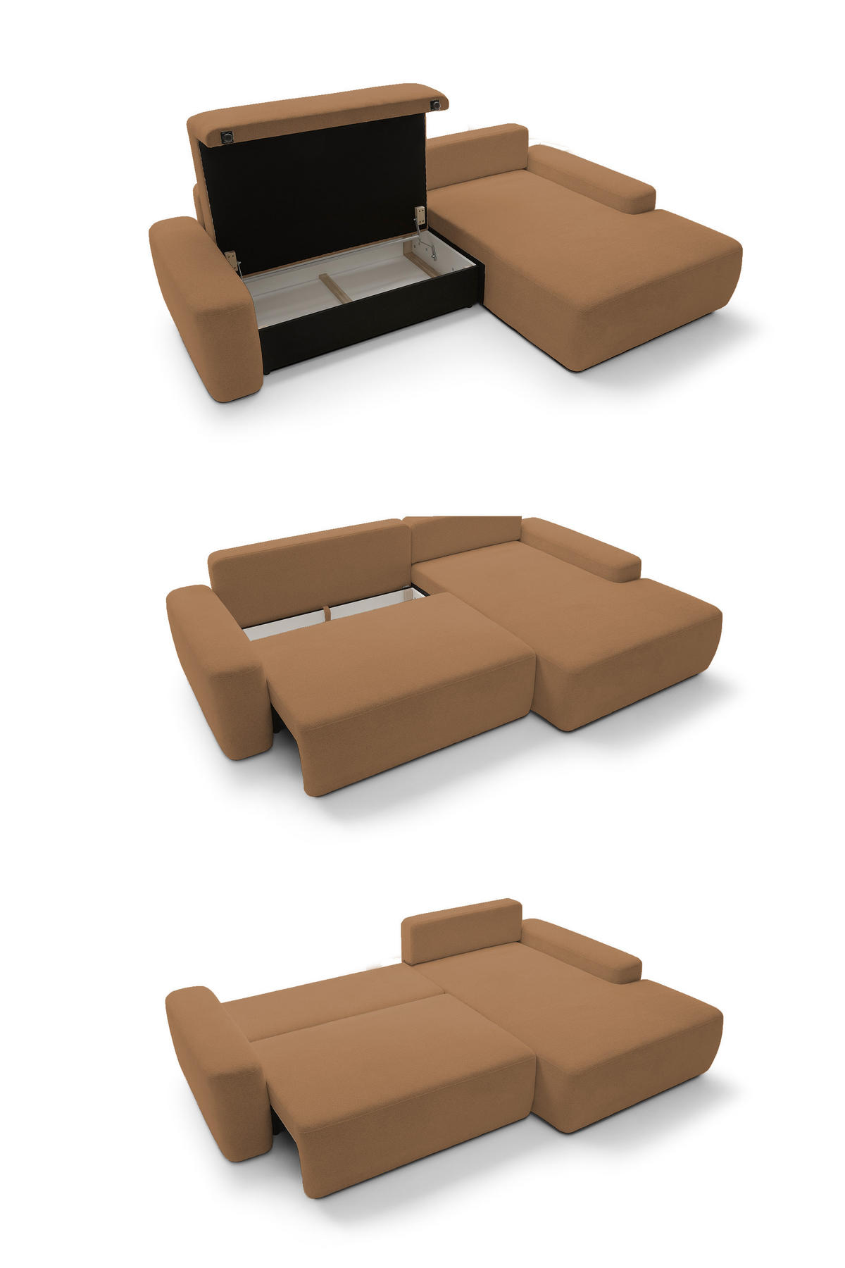 ECKSOFA BOULI 4-Sitzer Polstersofa Raven mit Schlaffunktion 130x210 cm Bettzeugablage 264x162x82 cm rechts, Farbe: Orange​ - Orange, Holz/Textil (264/162cm) - DomoHome