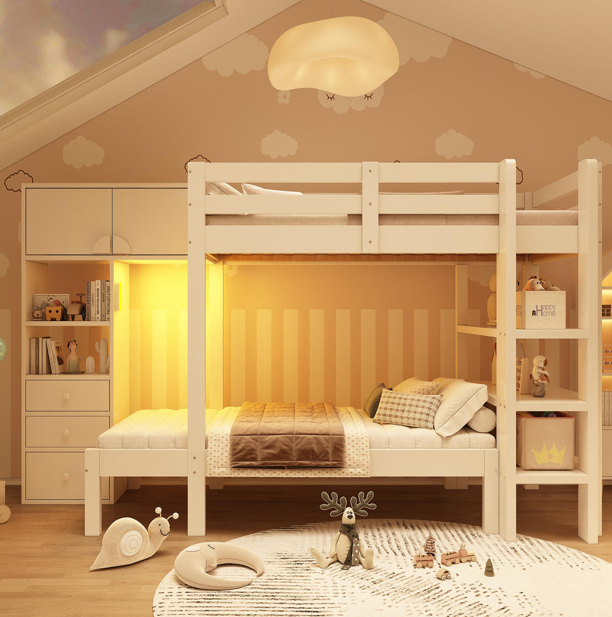 ETAGENBETT 90/200 cm Weiß mit Nachtlicht versetztem Design und Stauraum - Weiß, Metall (90/200cm) - OKWISH