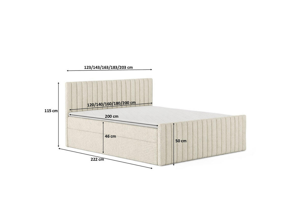 BOXBETT Mit Matratze Und Bettkasten, Chenille-Stoff Flow, Beige, 200x200 cm, H3-Bonell, DEMETER - Beige, Holz (200/200cm) - Kaiser Möbel