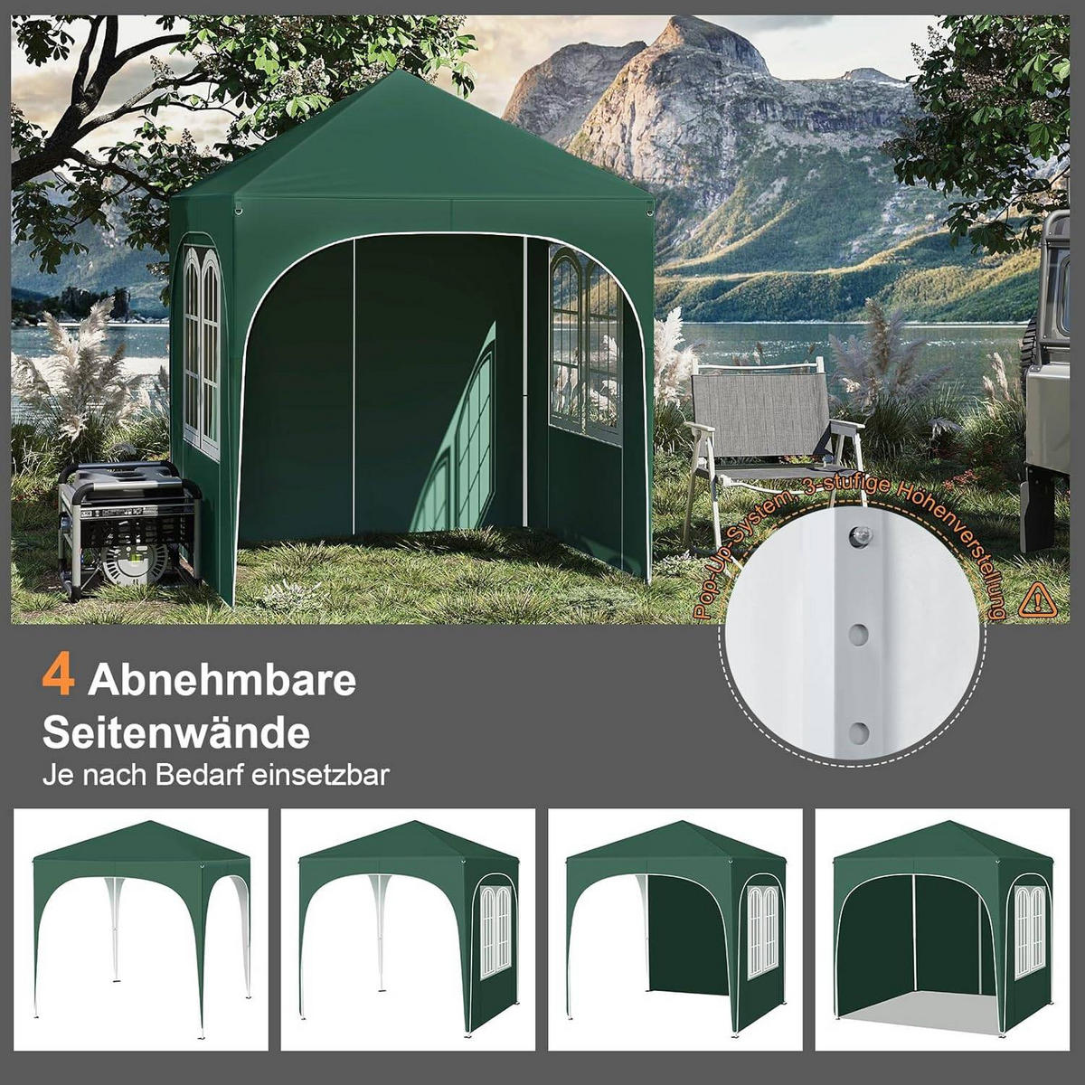 PAVILLON 2x2m mit 4 abnehmbaren Wänden, 3-stufig Höhenverstellbar - Grün, Metall (200/240/200cm) - Woltu