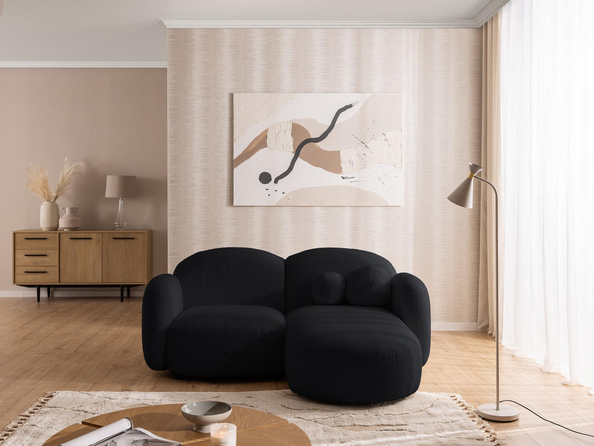 ECKSOFA Nuvola mit abgerundetem Design Schwarz Bouclé-Stoff - Ottomane Rechts - Schwarz, Holz/Kunststoff (190/146cm) - S-Style Möbel