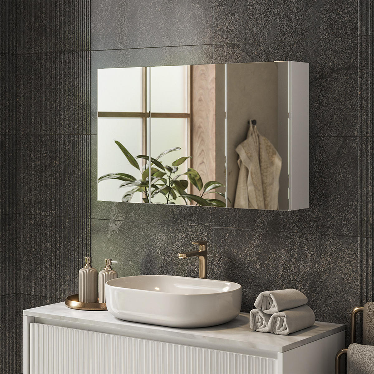 KOPALNIŠKA OMARICA Z OGLEDALOM Lavia, Bela, 100 x 60.2 cm - bela, leseni material (100/170/17cm) - Vicco
