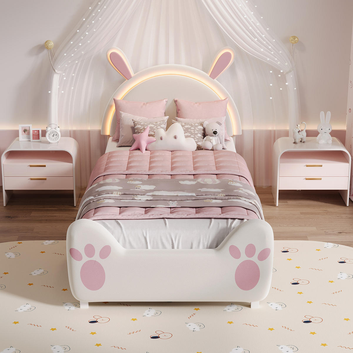 KINDERBETT 90 x 200 cm mit LED Hasenohren Kopfteil, Polsterbett mit Lattenrost, Samtstoff, für Kinder, Mädchen - Pink, Holz/Holzwerkstoff (90/200cm) - BursDany