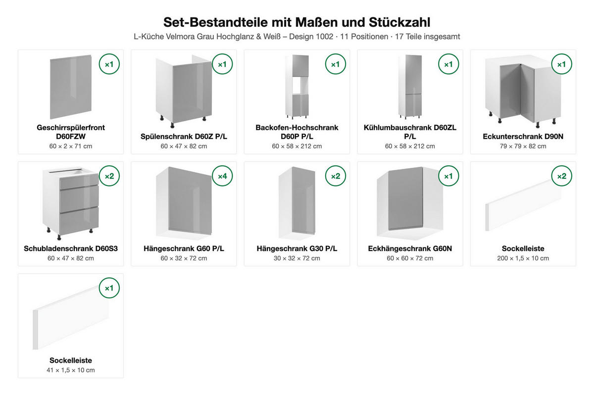 L-KÜCHE Velmora Grau Hochglanz & Weiß – 330 × 210 cm – KÜ-VELM-013 - Grau, Holzwerkstoff (330/212/210cm) - ROYAL24_MARKT