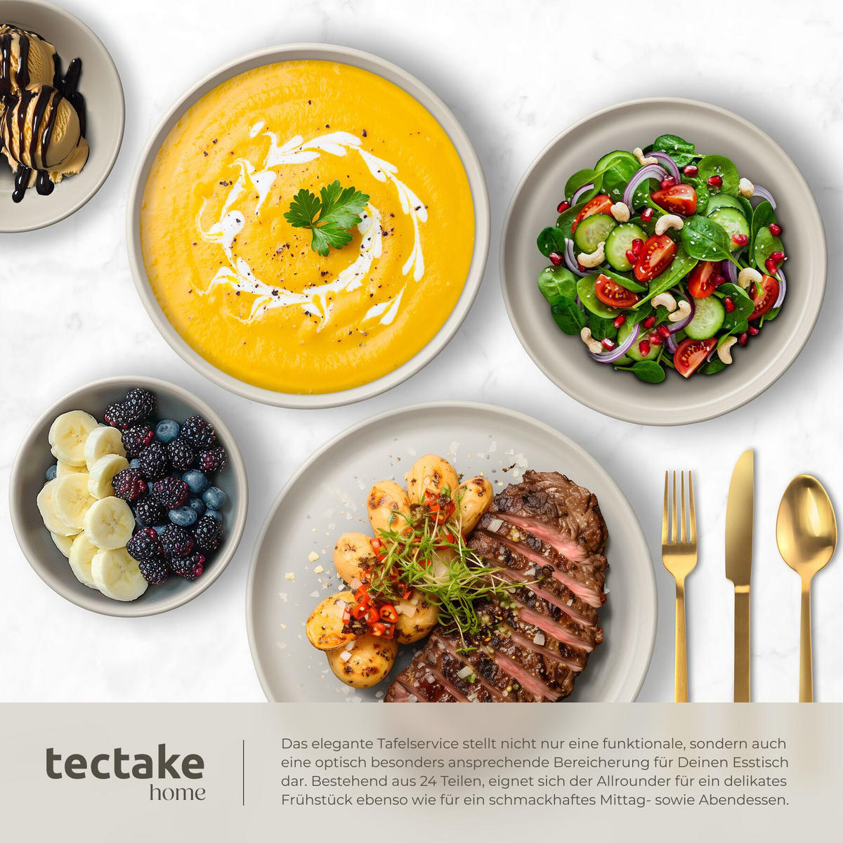 KÜCHENSTARTERSET 40er Set Una/Genua, inklusive Küchenwerkzeugen, Topfschonern und anklemmbaren Griffen, taupe/weiß - Taupe, Keramik (27.5/13/44cm) - tectake